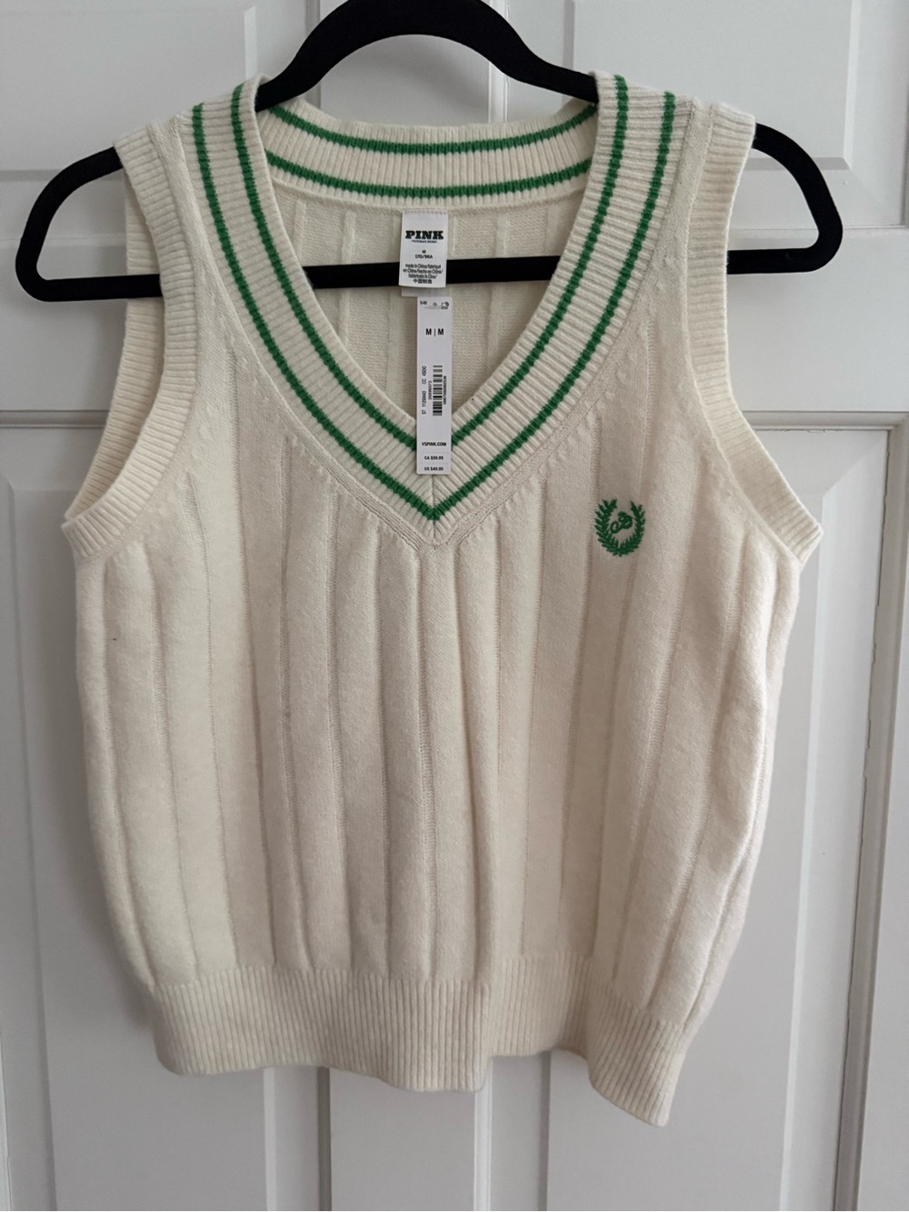 PINK Victoria's Secret Cream V-Neck Knit Vest with Green Trim New with Tags Sz M - Picture 1 of 2